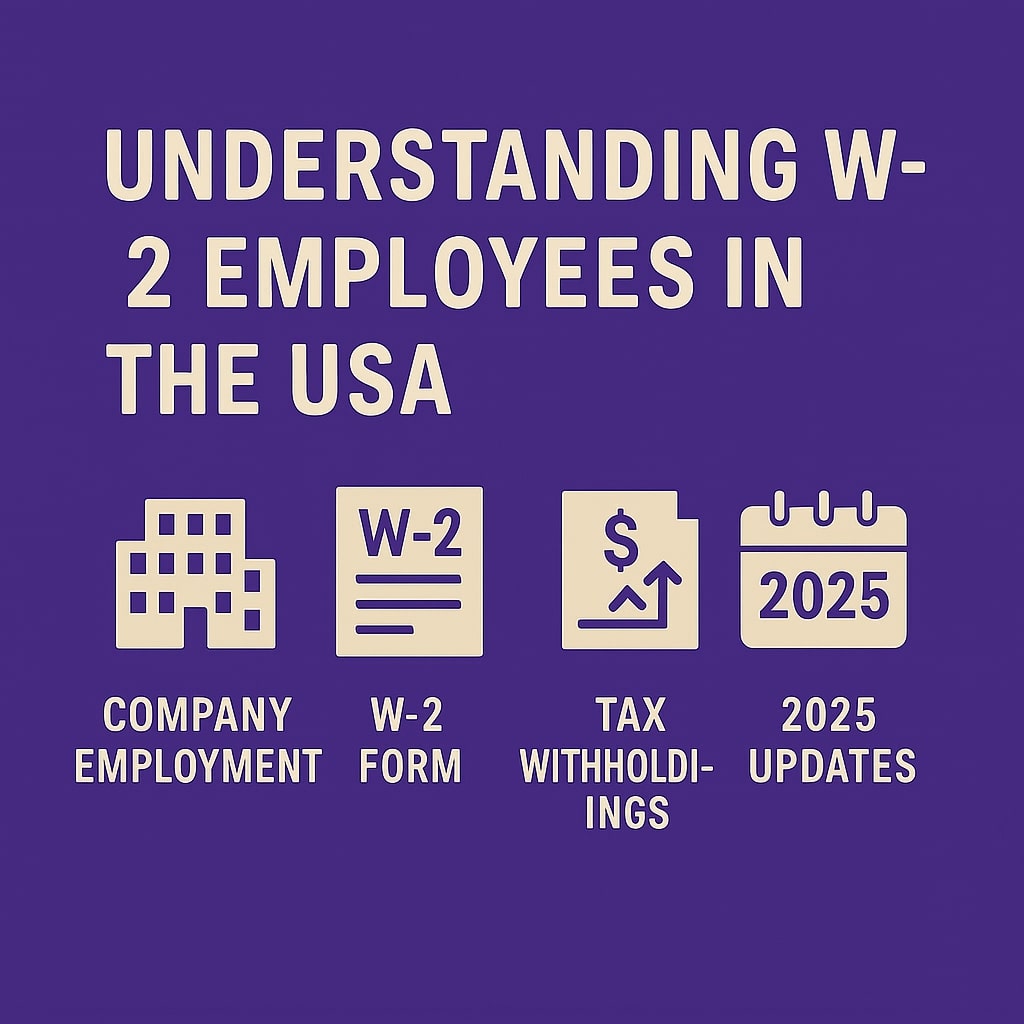 Purple infographic showing W-2 employment basics, tax withholdings, and 2025 updates.