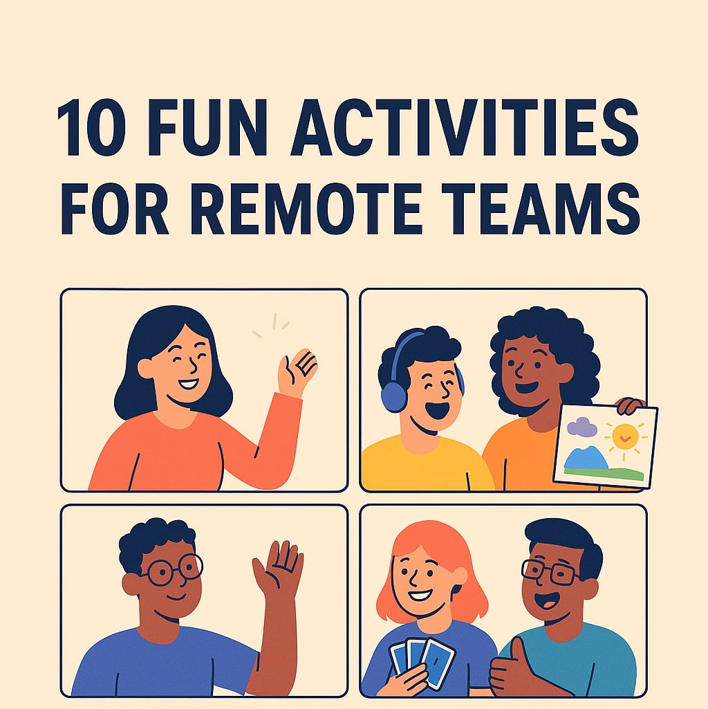 Flat-style infographic titled "10 Fun Activities for Remote Teams" showing diverse employees interacting through video chat boxes, representing virtual games, chats, and creative tasks.
