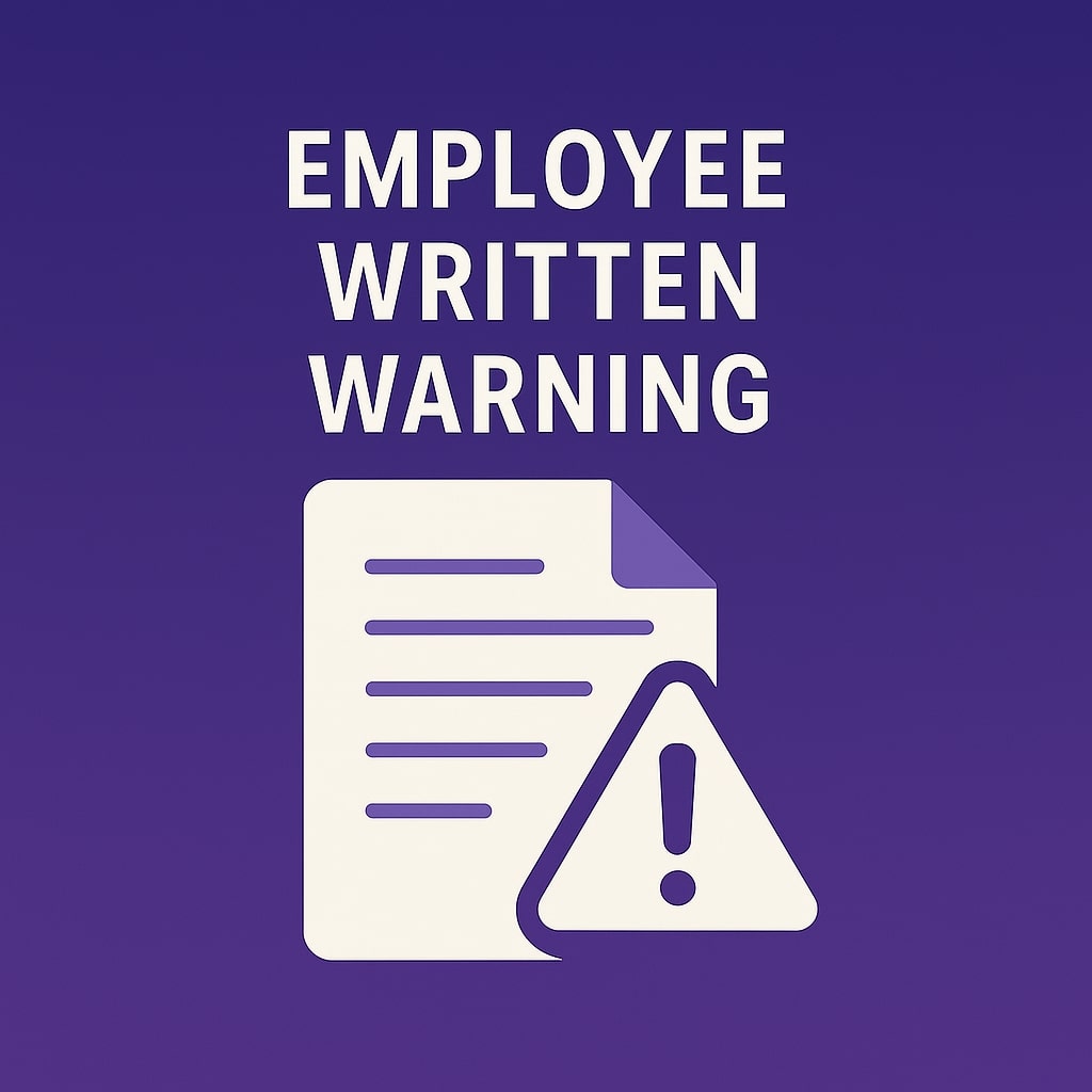 Illustration of a written warning with a document icon and warning triangle symbol, on a purple background