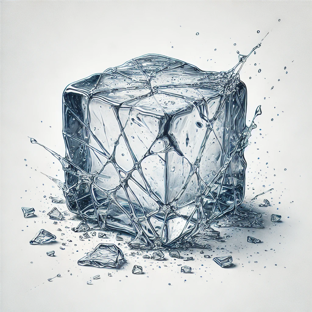 An artistic representation of a broken ice cube with visible cracks and shards, symbolizing the concept of breaking the ice in virtual team-building activities. Perfect for illustrating fun and engaging icebreaker games designed to foster connection and collaboration in remote teams.