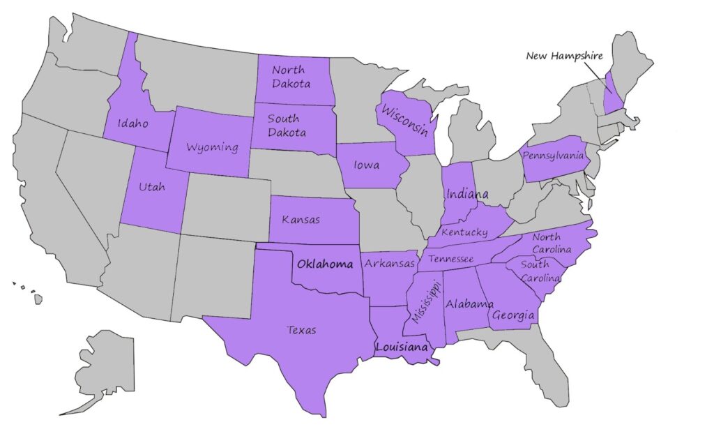 Map of 22 U.S. states requiring minimum wage adjustments according to 2025 employee law changes. 