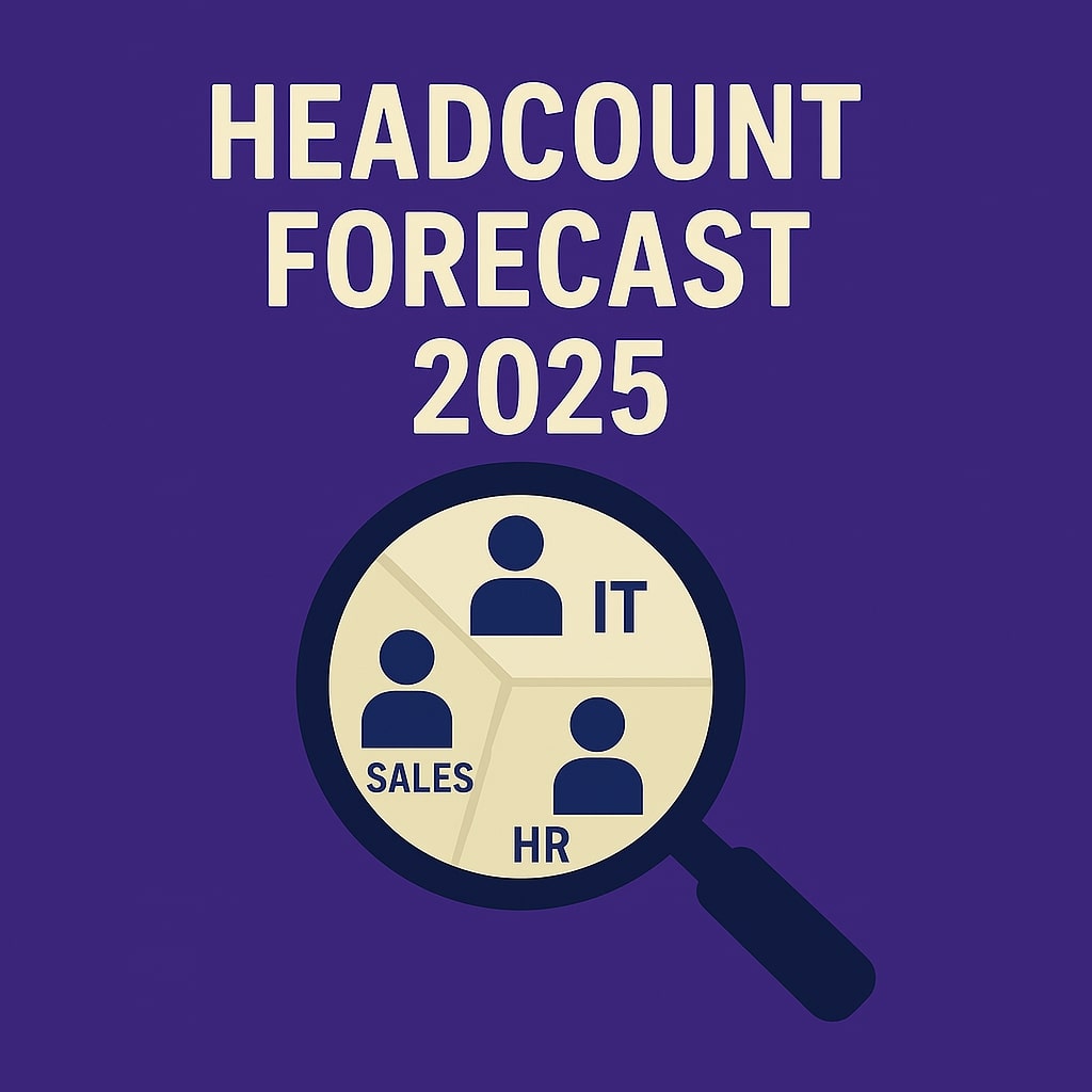Digital illustration showing headcount forecast for 2025 with icons representing IT, HR, and Sales teams inside a magnifying glass