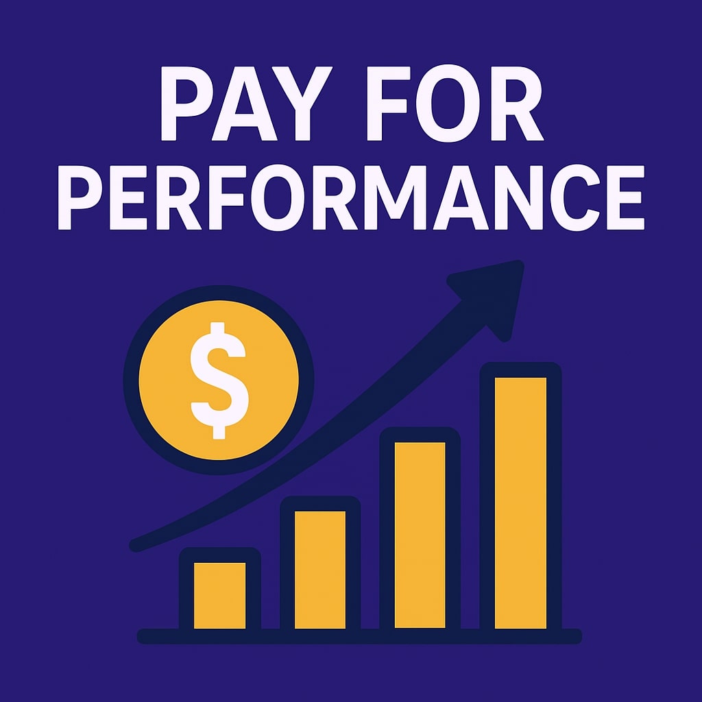 "Pay for Performance" on a deep purple background, representing a modern compensation model that rewards employees based on performance outcomes and organizational goals in 2025