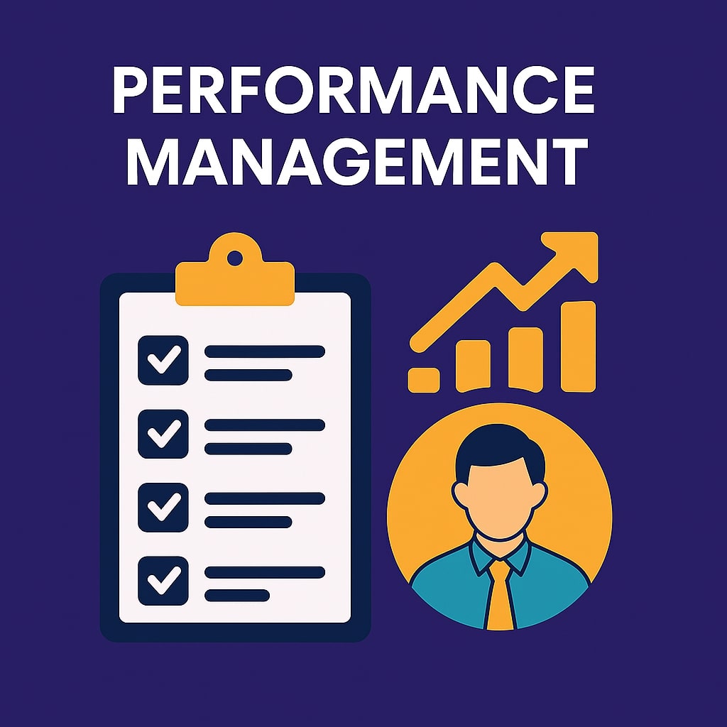 A digital illustration representing performance management. It features a checklist on a clipboard, a bar chart with an upward arrow symbolizing growth, and an icon of a male employee in a tie, indicating evaluation and goal tracking.