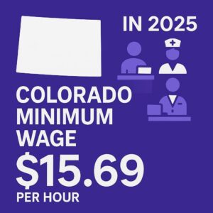 A flat graphic featuring Colorado's state outline with $15.69/hour displayed prominently — visualizing the Colorado minimum wage in 2025.