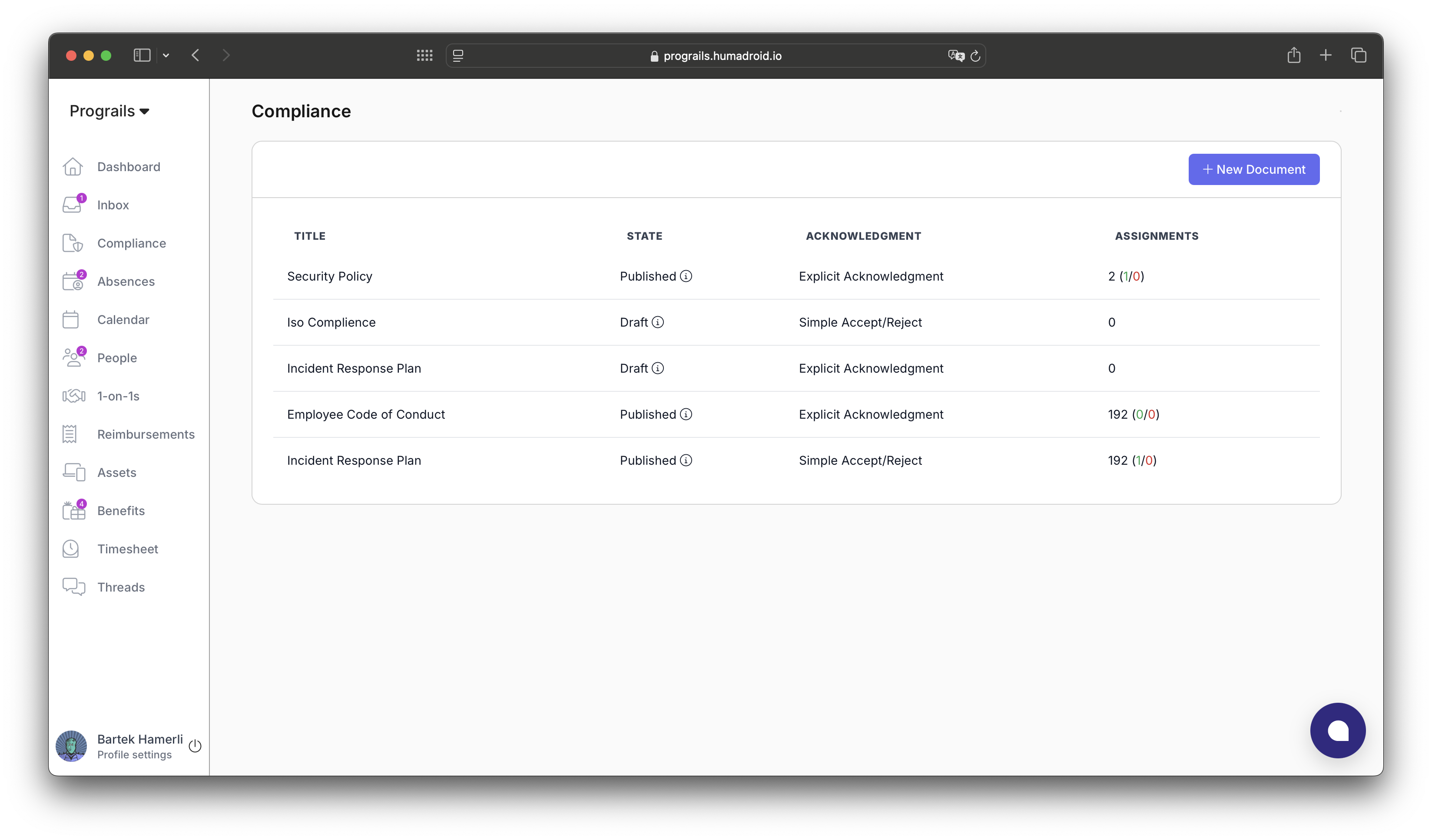 A compliance management dashboard displaying various policy documents such as Security Policy, ISO Compliance, and Incident Response Plan. The interface includes document states (published/draft), acknowledgment types (explicit or simple accept/reject), and assignment tracking. The sidebar contains navigation for compliance, absences, calendar, people management, and other HR-related features.