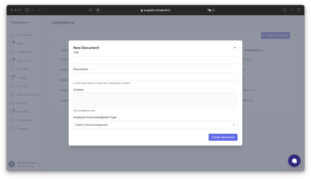 A modal window in Humadroid displaying a form for creating a new compliance document. The form includes fields for entering the title, description, content, and selecting the employee acknowledgment type. A "Create Document" button is located in the bottom right corner.