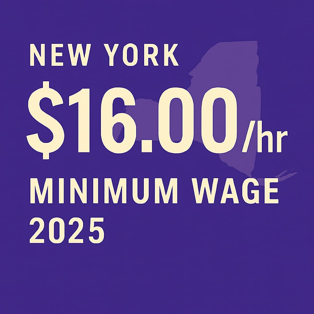 A flat digital graphic showing the updated New York minimum wage rates for 2025, with $16.50 per hour in NYC, Long Island, and Westchester, and $16.00 elsewhere in the state. The design includes a map of New York to emphasize regional differences in wage policy.