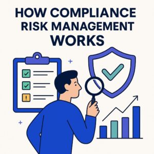 Illustration showing a business person reviewing risks, policies, and audit documents to manage compliance effectively.