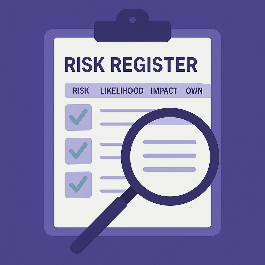 Flat-style illustration of a risk register checklist with columns for risk, likelihood, impact, and ownership, emphasized with a magnifying glass on a purple background.
