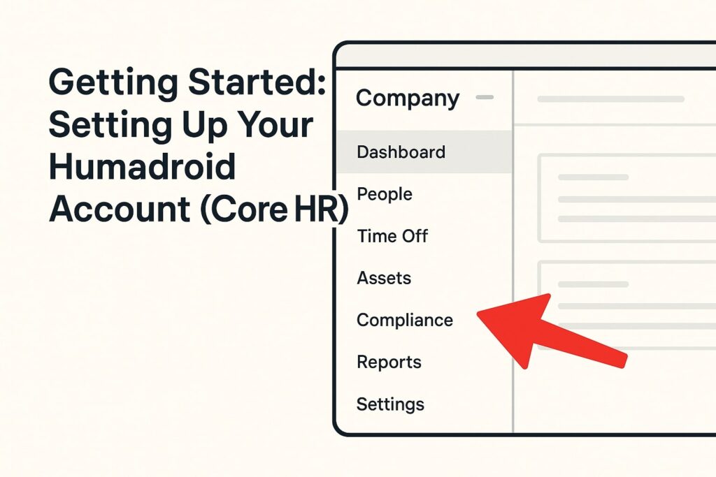Screenshot showing the Humadroid sidebar menu with an arrow pointing to the "Compliance" section, highlighting the dashboard layout for setting up a Core HR account.