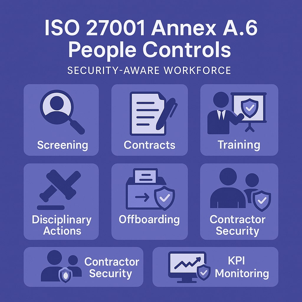 Square infographic showing eight tiles with icons labeled Screening, Contracts, Training, Disciplinary Actions, Offboarding, Contractor Security, and KPI Monitoring under the header “ISO 27001 Annex A.6 People Controls.”