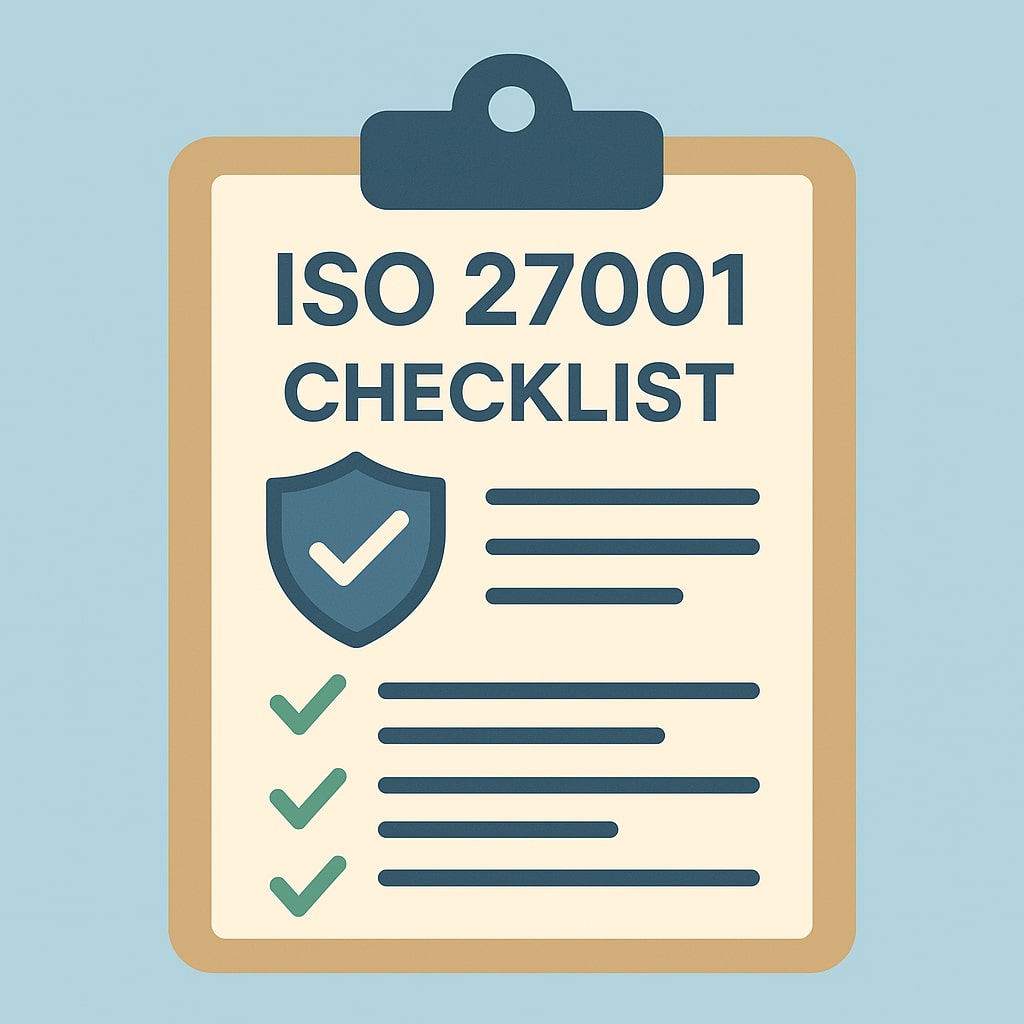 Flat-style illustration of a clipboard holding an “ISO 27001 CHECKLIST” document, featuring a shield icon with a checkmark and three green checkmarks beside checklist lines, set against a light blue background.