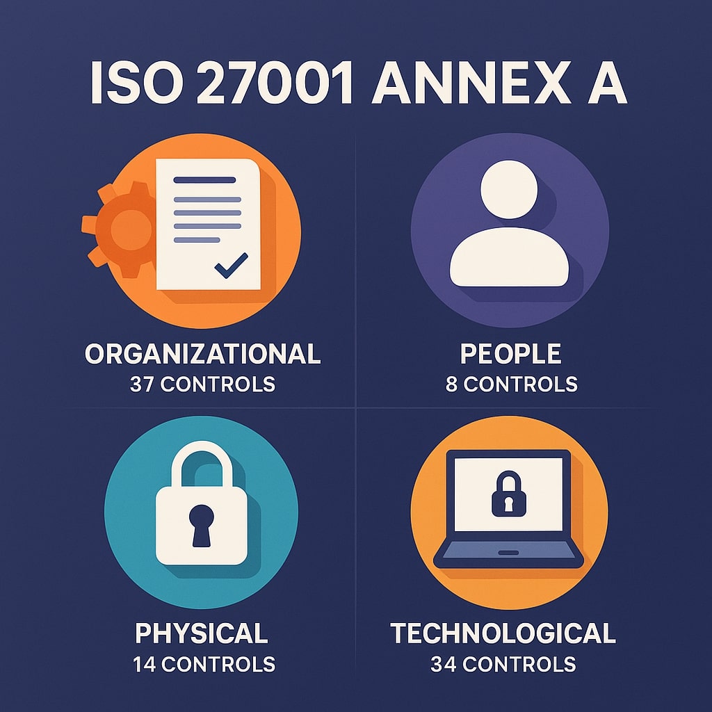 Square infographic with four colored quadrants on a blue gradient background, each showing an icon and control count for ISO 27001 Annex A: Organizational (37), People (8), Physical (14), and Technological (34).