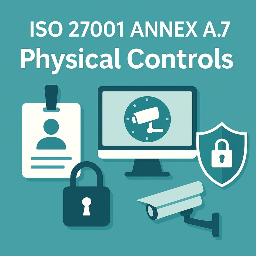 Square infographic with a teal background titled “ISO 27001 Annex A.7 Physical Controls,” showing icons of an ID badge, security camera, padlock, shield with lock, and computer monitor to represent secure areas, entry controls, equipment protection, and surveillance.