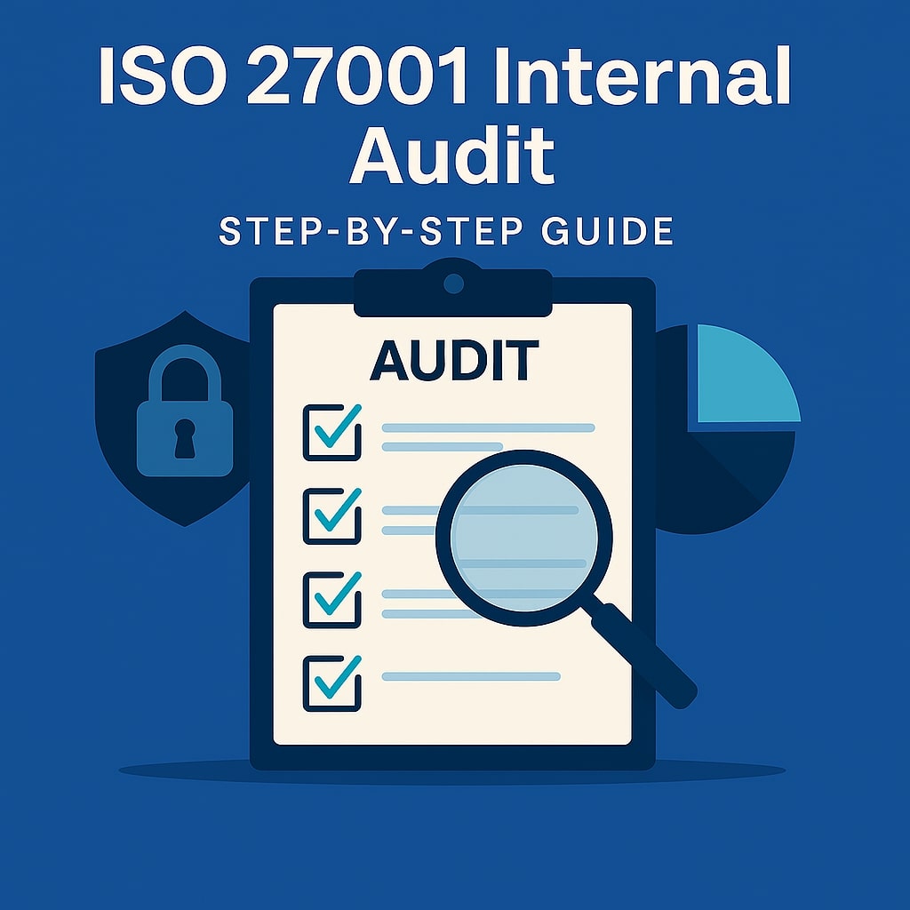Illustration showing ISO 27001 internal audit steps including planning, evidence collection, reporting, and corrective actions