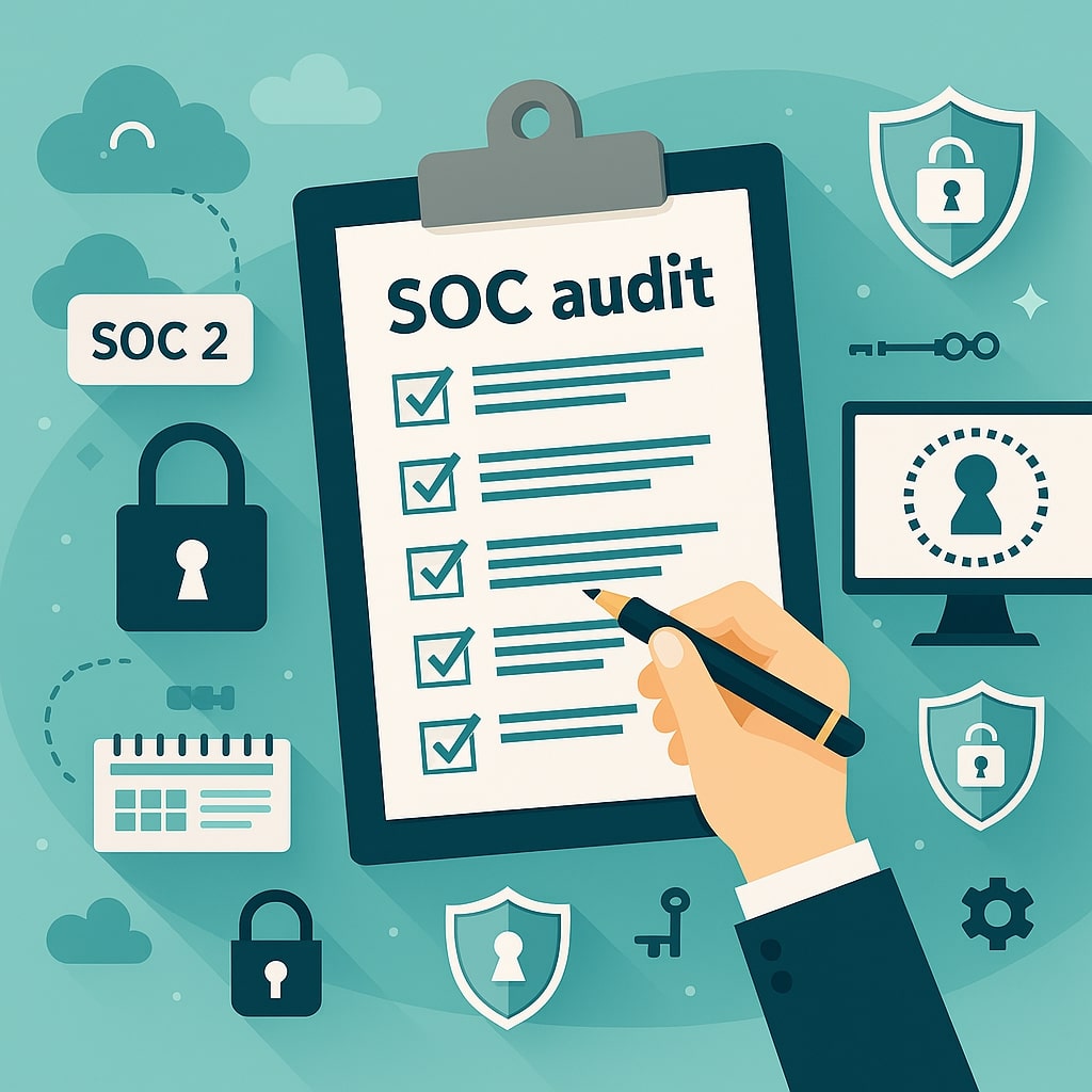 Flat-style illustration showing a SOC 2 audit checklist on a clipboard, surrounded by security icons, locks, shields, and a computer screen.