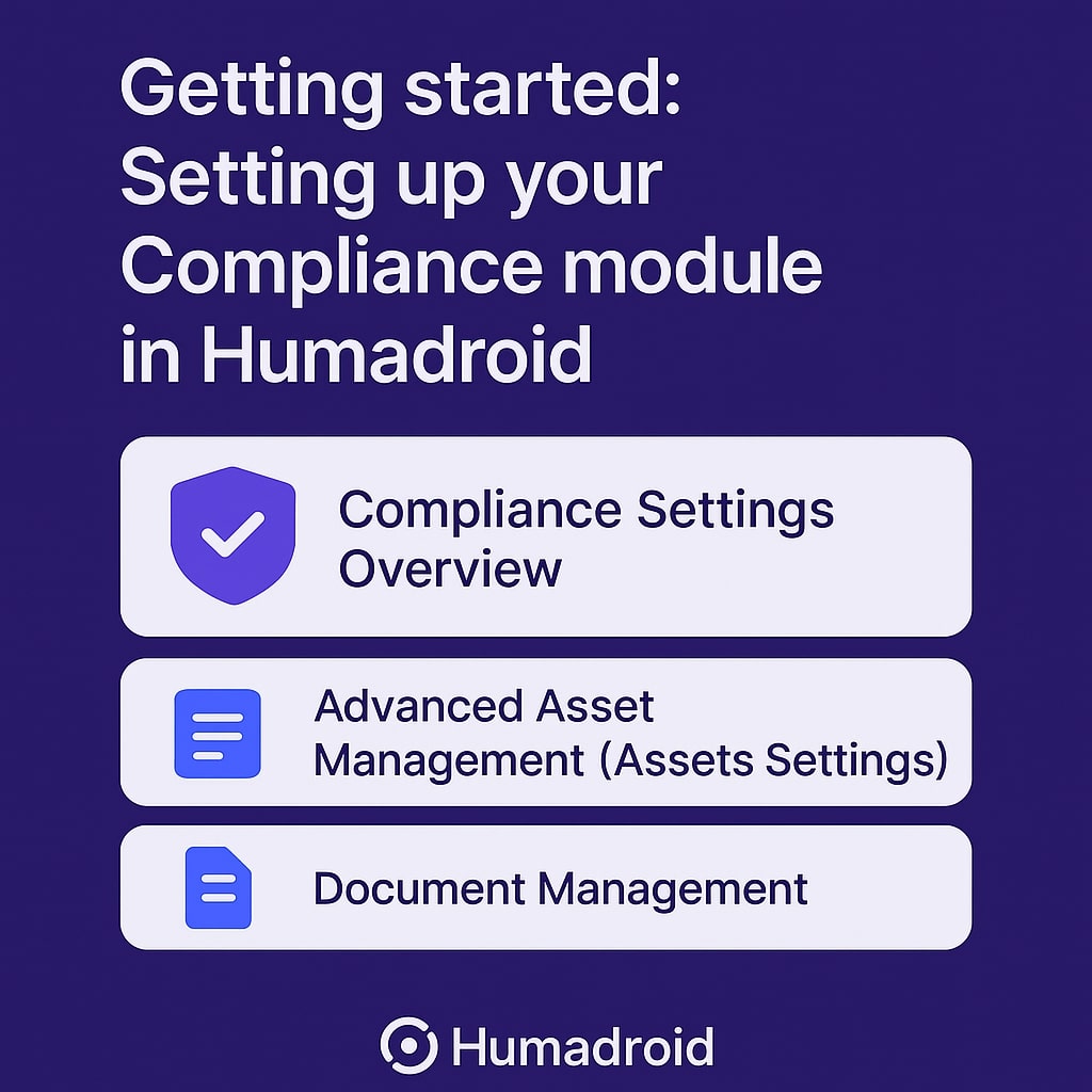 Feature image showing Compliance module setup interface in Humadroid with a modern purple layout