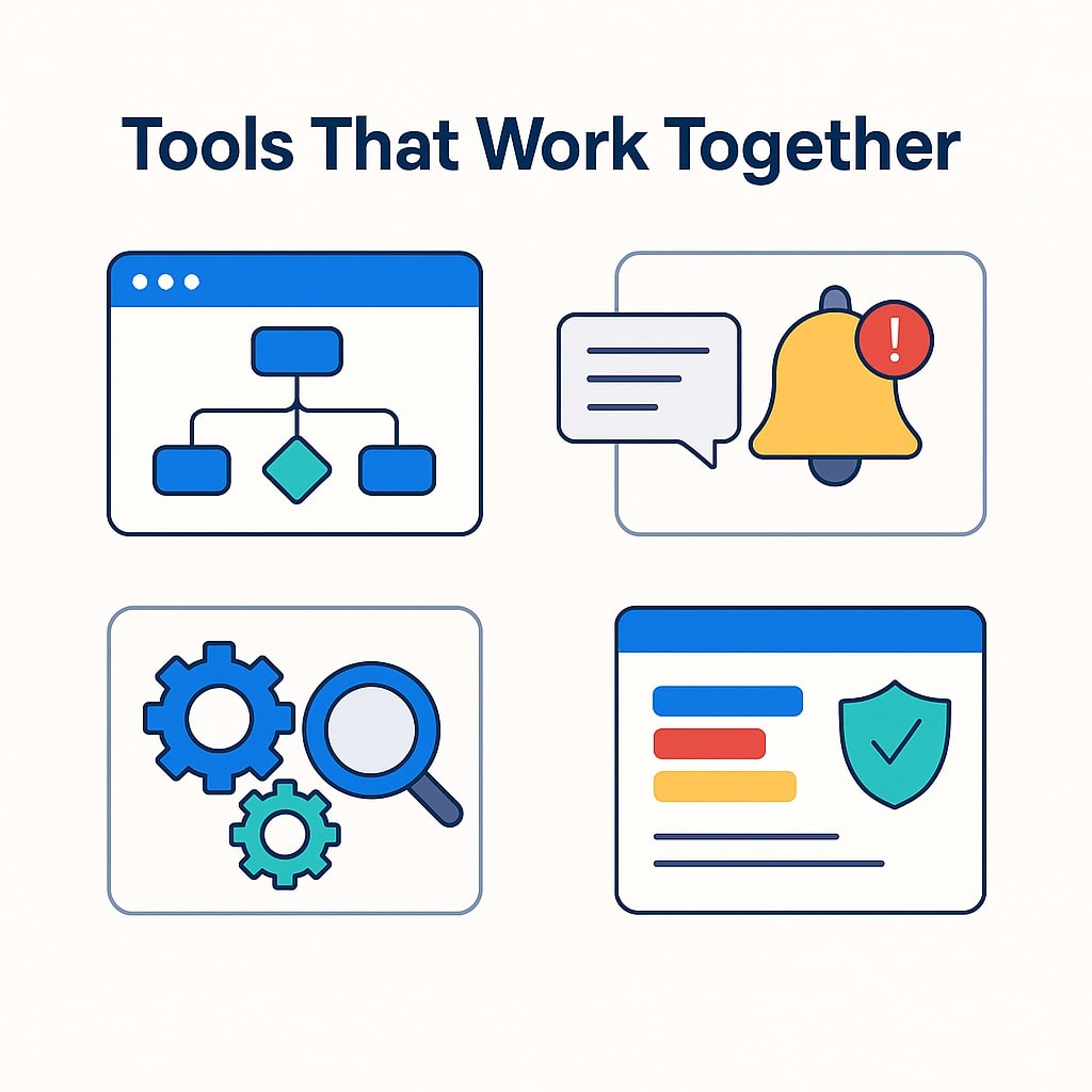 ustration of interconnected compliance tools including workflows, alerts, automation, and security dashboards
