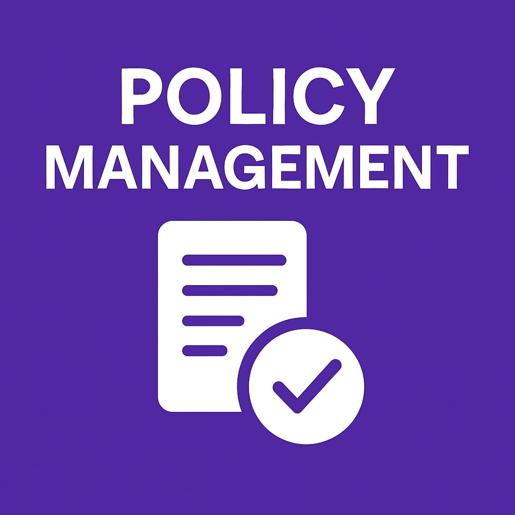 Square digital image with bold white text “What Is Policy Management” centered on a solid purple background