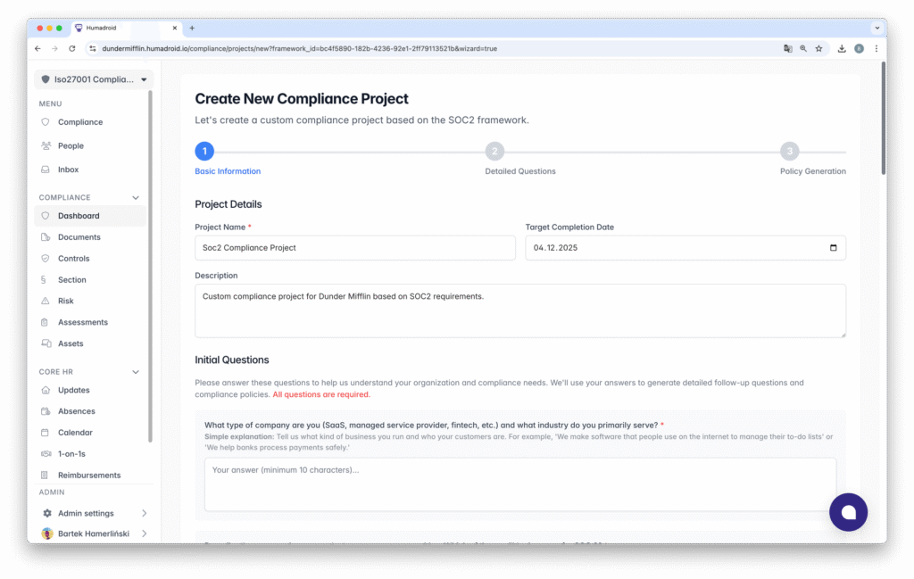 Screen showing the creation of a new SOC2 compliance project in Humadroid, with fields for project name, description, completion date, and initial AI-assisted questions.