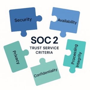 Infographic showing the five SOC 2 Trust Service Criteria—Security, Availability, Processing Integrity, Confidentiality, and Privacy—illustrated as separate puzzle pieces surrounding the SOC 2 label.