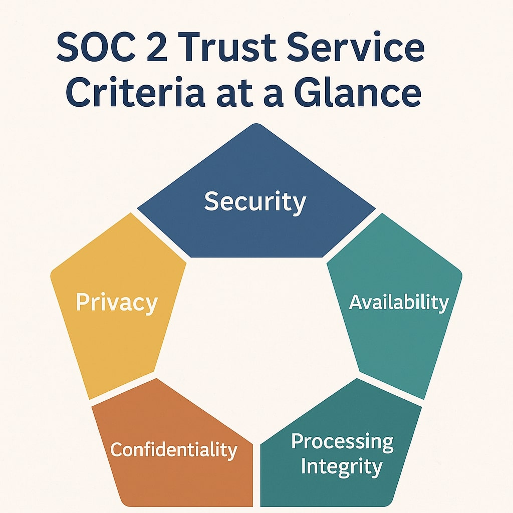 A diagram showing the five SOC 2 criteria: Security, Availability, Processing Integrity, Confidentiality, and Privacy, arranged in the shape of a pentagon.