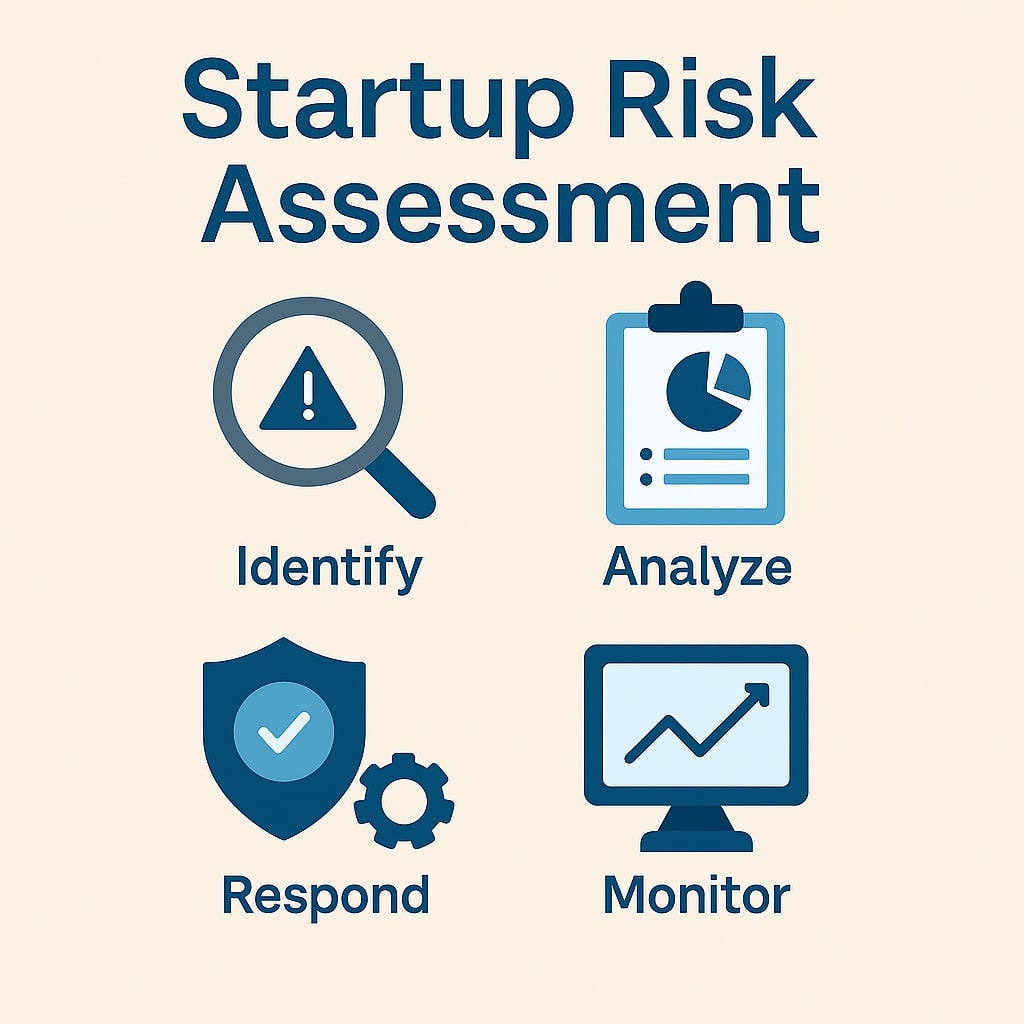 Illustration titled "Startup Risk Assessment Framework" showing icons for risk identification, compliance, incident response, and growth strategy