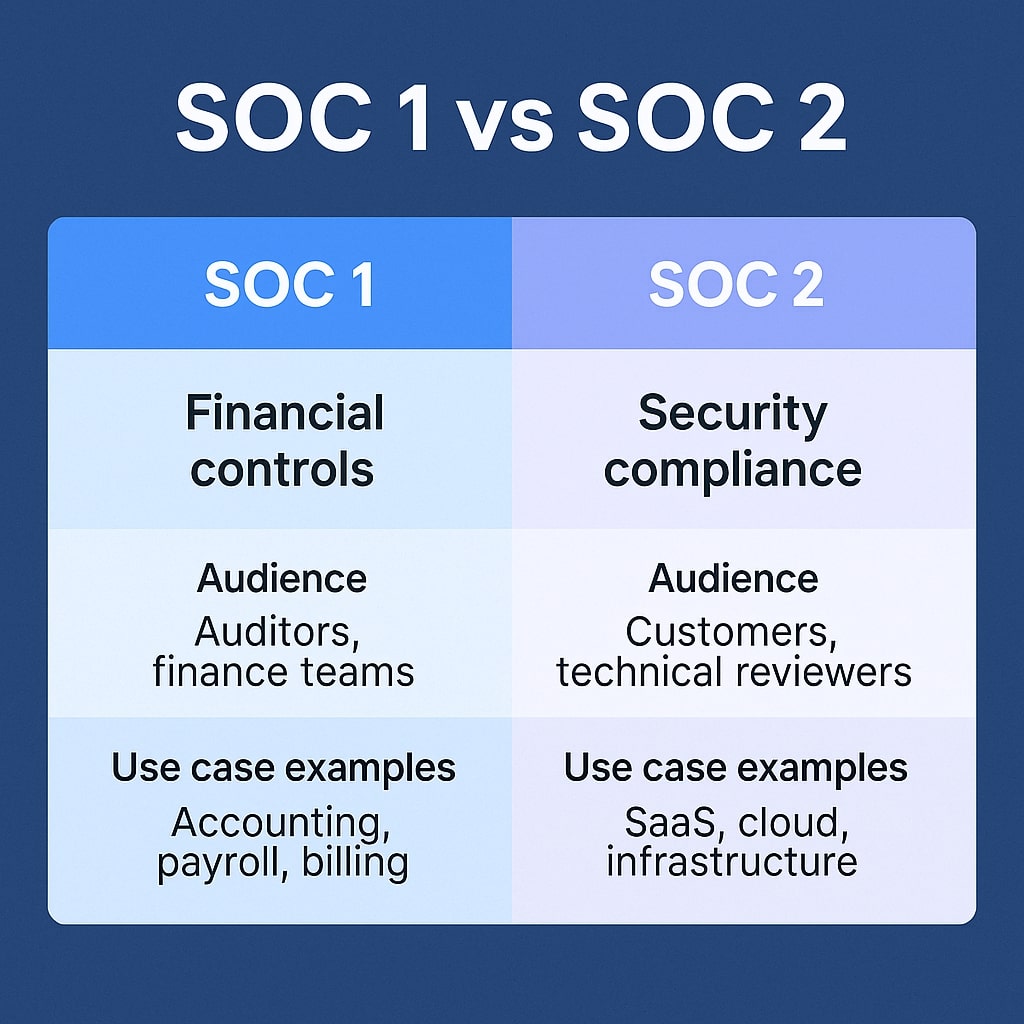 Comparison chart showing the difference between SOC 1 financial controls and SOC 2 security compliance with use case examples
