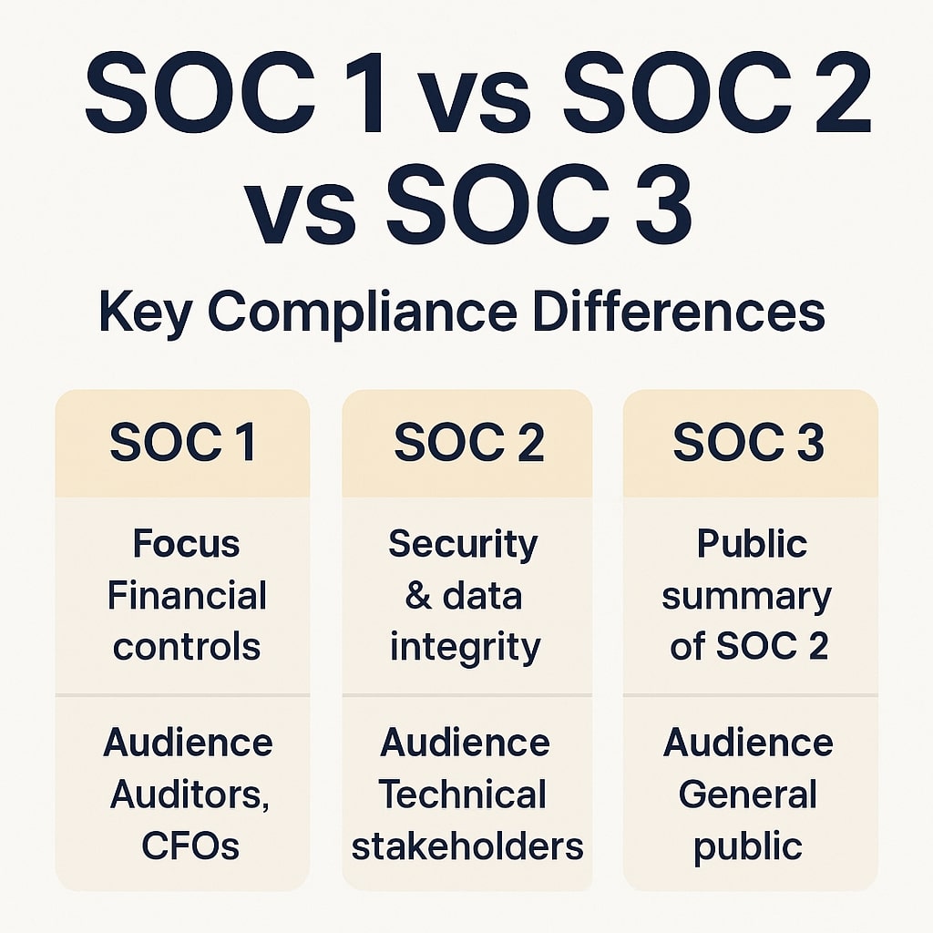 SOC 1 vs SOC 2 vs SOC 3 comparison chart showing focus and target audience of each compliance report