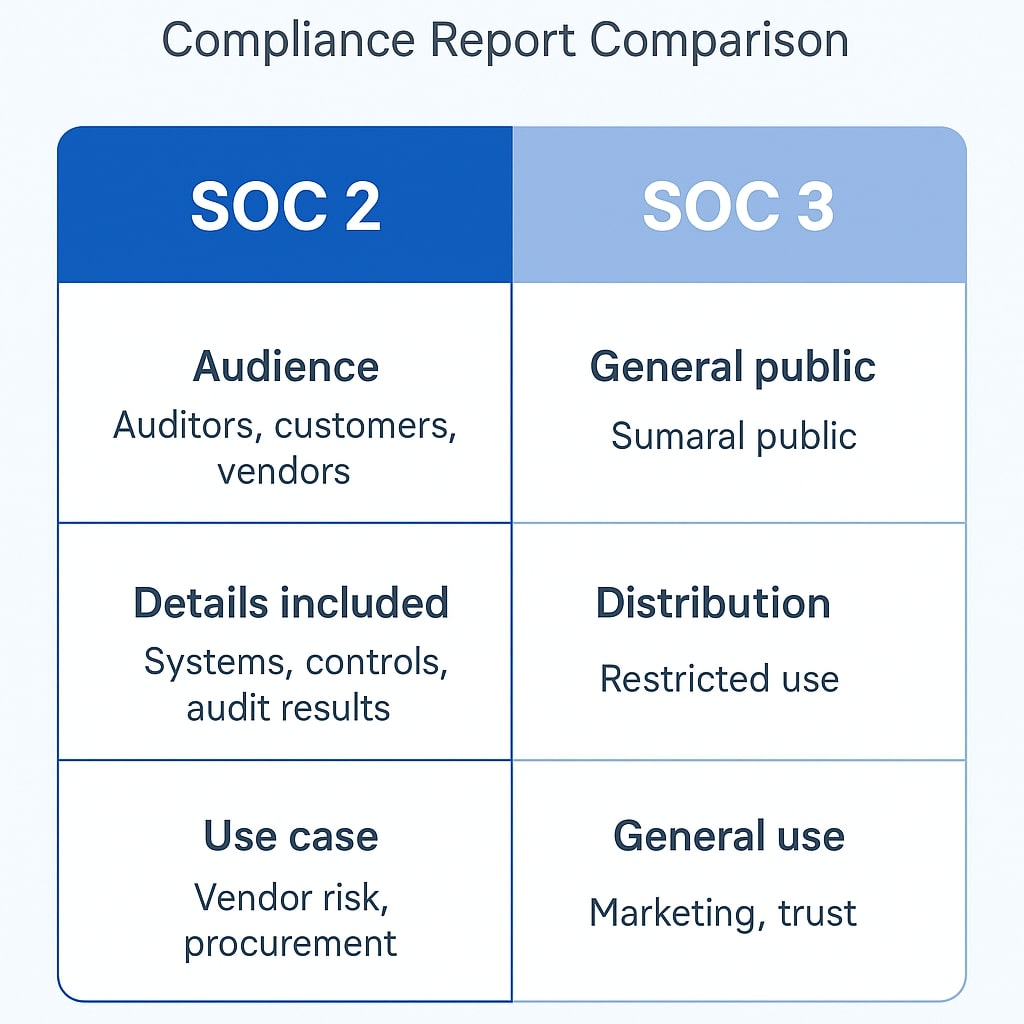 Chart comparing SOC 2 restricted use and SOC 3 general use compliance reports for SaaS and cloud companies