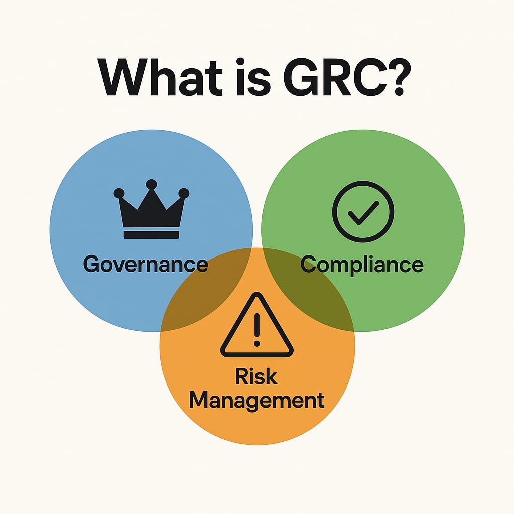Venn diagram showing the three pillars of GRC: Governance, Risk Management, and Compliance with icons.